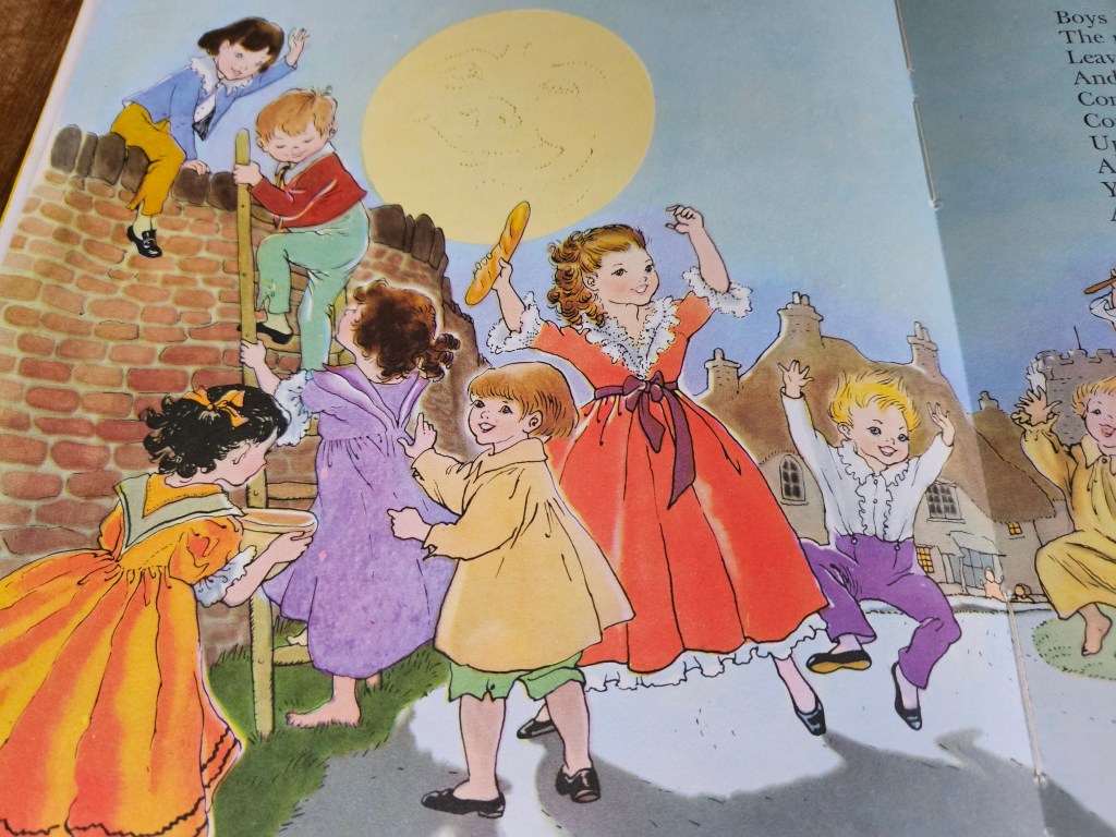 Close-up of the moon and children climbing the wall in Hilda Boswell’s illustration.