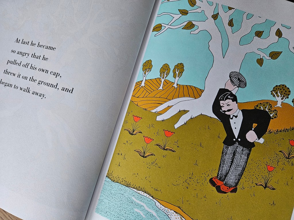 The peddler throws his checked cap on the ground in anger.