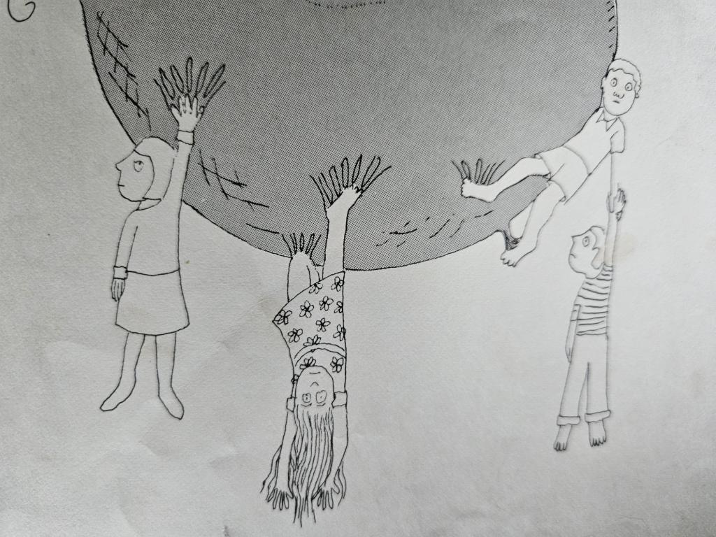 The children clinging on as the bubble carries them higher.