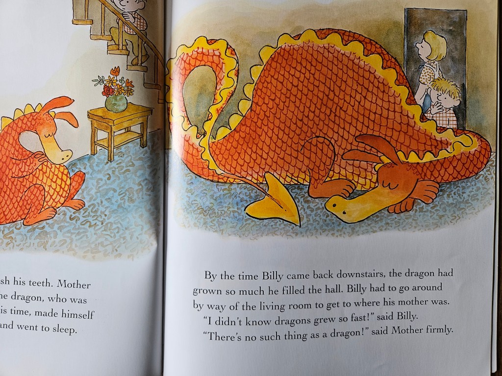 Large red dragon taking up the whole hallway while Billy and his mother look on.